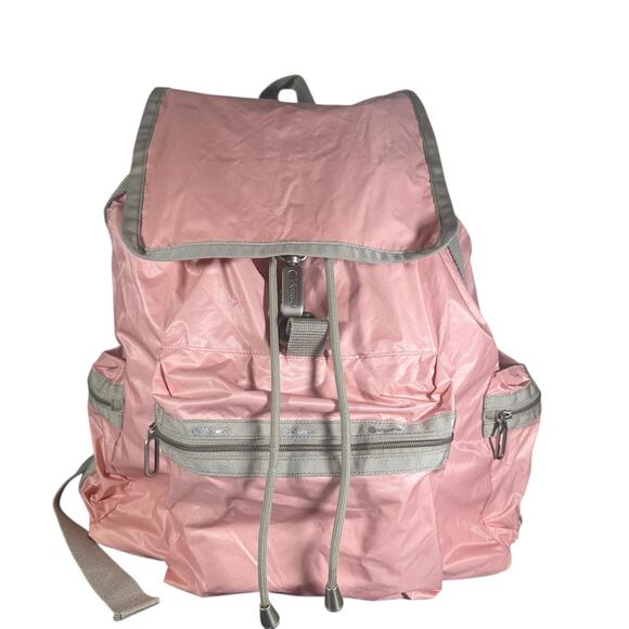 LeSportsac Voyager Backpack Pink Gray Nylon Drawstring Travel Bag Large - Picture 1 of 13